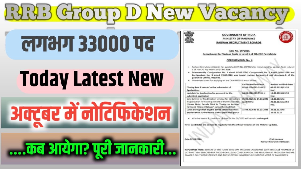 RRB group D New Vacancy 2027 ; आरआरबी ग्रुप डी ( RRB Group D ) नोटिफिकेशन का इंतजार कर रहे लाखों विद्यार्थियों के लिए अपडेट आ चुका है रेलवे भर्ती बोर्ड द्वारा आरआरबी ग्रुप डी शार्ट नोटिफिकेशन 2026 27 सितंबर 2026 को जारी हो जाने की पूरी संभावना जताई जा रही है जबकि विस्तृत ऑफिशल नोटिफिकेशन अक्टूबर 2026 में प्रकाशित हो जाएगी

इस भर्ती के माध्यम से लगभग 30000 से अत्यधिक पदों पर नियुक्तियां की जाने की उम्मीद जताई जा रही है जारी सूचना के अनुसार बताया जा रहा है कि engineer, medical, electrical, signal telecommunication, traffic medical, stores and track maintenance सहित grade 4 postman assistant hospital assistant जैसी लेवल वन पदों पर नियुक्तियां की जाएगी।

इस आर्टिकल के माध्यम से जानेंगे आरआरबी ग्रुप डी न्यू नोटिफिकेशन 2026 27 कब जारी किया जाएगा कितने पदों पर बहाली होगी आयु सीमा आवेदन प्रक्रिया चयन प्रक्रिया और परीक्षा तिथि की पूरी जानकारी बताने वाले हैं। उम्मीदवार से सलाह करते हैं कि आरआरबी ग्रुप डी अपकमिंग वैकेंसी 2026 27 से जुड़े सभी महत्वपूर्ण नोटिफिकेशन पर नजर बनाए रखेंगे।

RRB group D New Vacancy 2027 : Overview
विवरण	जानकारी
भर्ती बोर्ड	रेलवे भर्ती बोर्ड (RRB)
भर्ती का नाम	RRB Group D Recruitment 2026-27
पद का नाम	 Group D Level-1 Posts
Category	Railway Jobs
संभावित पदों की संख्या	 30,000+
चयन प्रक्रिया	 CBT, PET, Document Verification, Medical
विभाग	Engineering, Electrical, Mechanical, S&T, Traffic आदि
आधिकारिक वेबसाइट	rrbapply.gov.in
RRB Group G Notification 2026 - 27

RRB Group D New Notification 2026 - 27 का इंतजार करने वाले के लिए खुशखबरी रेलवे में नौकरी करने का सपना सभी विद्यार्थी के मन में होता है मिली अपडेट के अनुसार रेलवे भर्ती बोर्ड द्वारा ग्रुप डी लेवल वन अपकमिंग रिटायरमेंट 2026 27 के लिए शर्ट नोटिफिकेशन सितंबर 2026 को जारी करने की पूरी संभावना है जबकि विस्तृत नोटिफिकेशन अक्टूबर 2026 के आसपास जारी कर दिया जाएगा लगभग इसमें 30000 से अत्यधिक पदों पर बहाली होगी।

RRB group D New Vecancy 2026- 27 शामिल पद और विभाग

Railway Requirement 2027 के तहत रेलवे में विभिन्न लेवल वन पदों पर उम्मीदवारों की नियुक्ति किया जाएगा इस भर्ती के द्वारा अलग-अलग विभाग और अलग-अलग पद शामिल किया गया है जैसे कि इंजीनियर इलेक्ट्रिकल मैकेनिकल सिग्नल टेलीकम्युनिकेशंस एंड ट्रेफिक डिपार्मेंट मेरी पद शामिल किए गए हैं।

RRB Group D New Notification 2026- 27 कब जारी होगा?

आरआरबी ग्रुप डी न्यू नोटिफिकेशन 2026 27 का इंतजार कर रहा है उम्मीदवारों के लिए बड़ी अपडेट रेलवे भर्ती बोर्ड द्वारा आरआरबी ग्रुप डी लेवल वन रिटायरमेंट 2017 के लिए शॉर्ट नोट नोटिफिकेशन सितंबर 2027 को जारी करने की पूरी संभावना है ....

वही ऑफिशल नोटिफिकेशन फ्रॉम आवेदन करने को लेकर अक्टूबर 2026 में जारी कर दिया जा सकता है रेलवे भर्ती प्रक्रिया में आमतौर पर शॉर्ट नोटिफिकेशन के बाद विशिष्ट नोटिफिकेशन में पदों की संख्या और पात्रता इसके अलावा आवेदन तिथि और परीक्षा पैटर्न के बारे में जानकारी दिया गया होता है।

Also Read More Post..................

Rajasthan CM Kisan Yojana 7th installment And Date : राजस्थान मुख्यमंत्री किसान योजना का 7वीं किस्त कब मिलेगा?, किसान के लिए राहत की खबर।

Ladli Bahan 40vi Kist installment 2026 : लाडली बहन 40वीं किस्त का पैसा कब आएगा? संपूर्ण अपडेट यहां से जानिए

RRB group D New Vacancy 2027 
